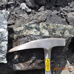 Contact ExplorMine Consultants today - geologic hammer as scale for a sample of Gamsberg massive sulphide